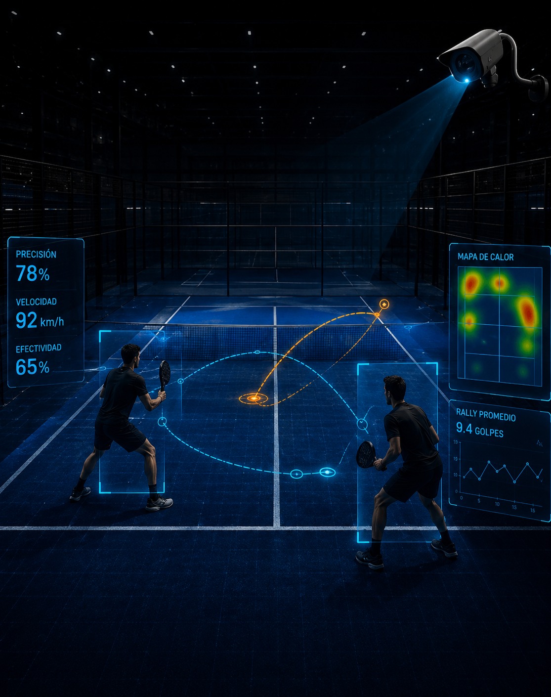 Padel match with performance analytics overlay — precision, speed, heat map and rally stats